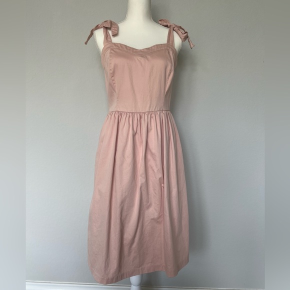 Reserved Dresses & Skirts - Cotton Dusty Powder Pastel Pink Ruffle Bow Tie Strap Summer Ballerina Midi Dress